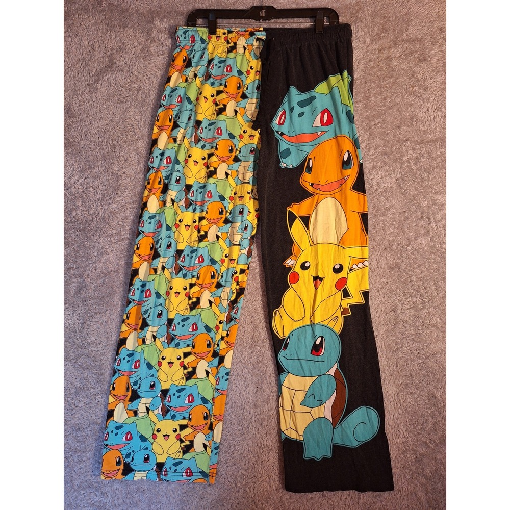 Pokemon Pajama Pants Mens Large Black Split Leg Pikachu Charmander Squirtle 2017